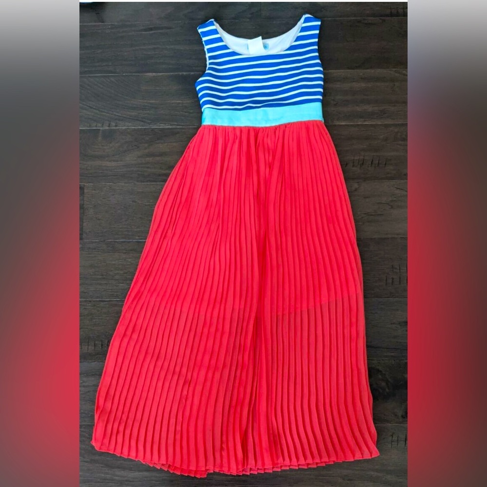 Blue and White & Coral Pleated Maxi Sundress with Scoop Neck & Cut out back